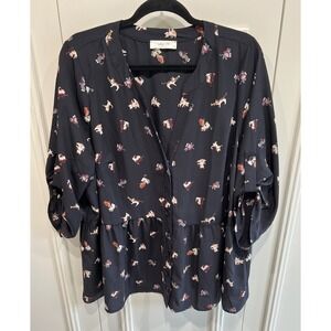 Jessy B Kitty Cat Print Button Up Blouse Size 2X Black Roll Tab Tiered Music Fun